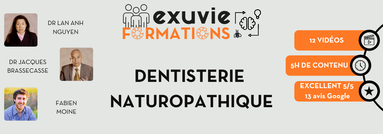 Bannière de la formation 'Dentisterie neuropathique' par Dr LAN ANH NGUYEN , DR Jacques BRASSECASSE et Fabien Moine pour Exuvie Formations. Le visuel inclut 12 vidéos, 5 heures de cours ainsi que 13 avis Google 5/5.